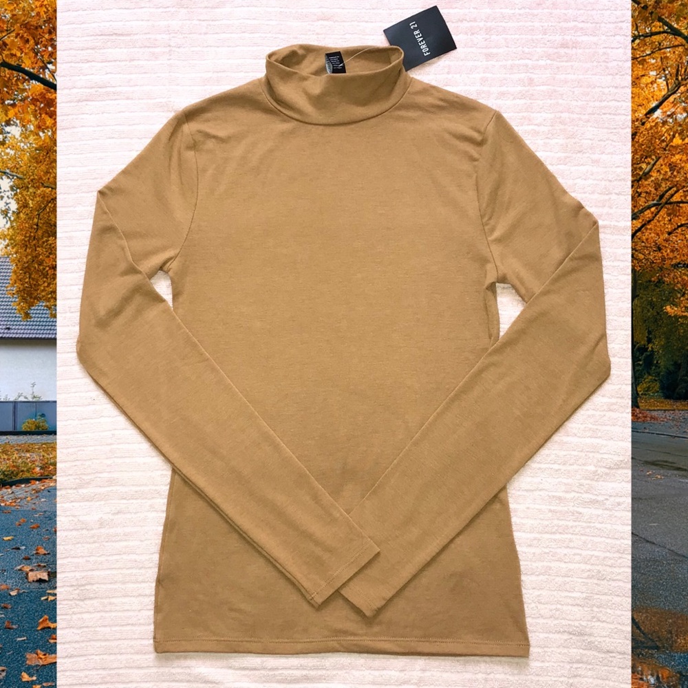 Forever 21 Camel Long Sleeve Turtleneck Top